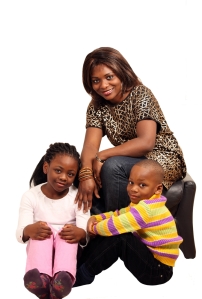 black mom with kids, white background